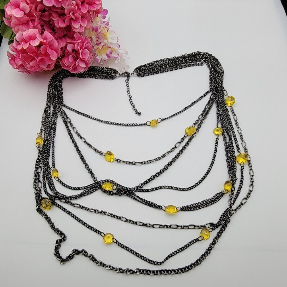Yellow Citrine Rhinestone Gunmetal Tone Multi Strand Statement Necklace 24" Adj.